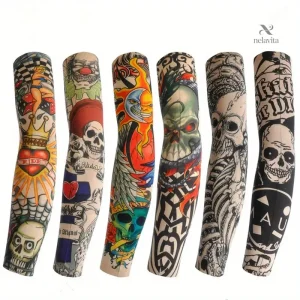 Manchons Tatouage Temporaires – Lot de 6 Manches Effet Tattoo Réaliste | Élastiques, Respirants & Réutilisables – Style Tribal, Crâne, Motifs Noirs