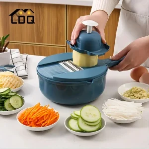 Mandoline de Cuisine 12 en 1 avec Râpe et Bac Collecteur – Coupe-Légumes Sécurisée et Pratique