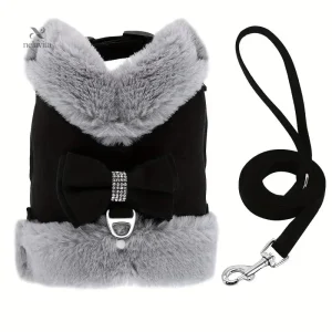 Manteau Harnais pour Petit Chien – Veste Hivernale Doublée avec Noeud Décoratif et Attache Laisse Intégrée