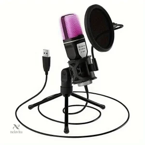 Microphone pour podcasting et gaming avec support et filtre