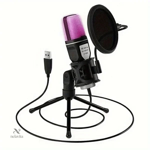 Microphone pour podcasting et gaming avec support et filtre