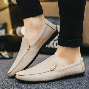 Mocassins En Toile Solide Pour Hommes, Chaussures Décontractées Confortables