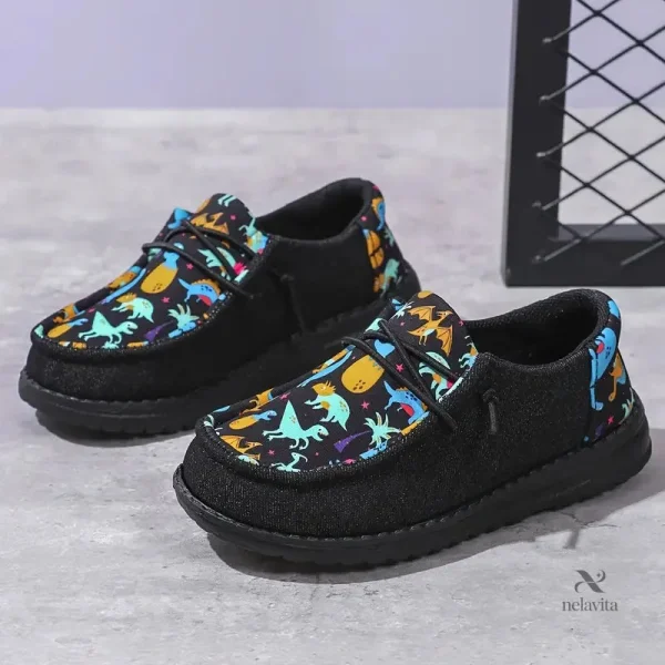 Mocassins garçon noirs avec imprimé dinosaures colorés