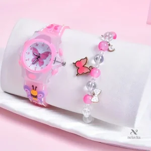 Montre Enfant Fille Rose Papillon – Bracelet Fantaisie avec Breloques, Apprentissage de l’Heure