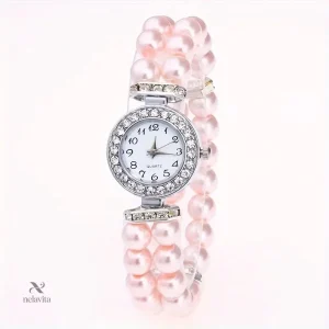 Montre femme élégante à bracelet perles rouges – Quartz avec strass brillants