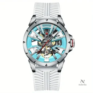 Montre homme automatique squelette – Design sport élégant avec cadran bleu et bracelet silicone blanc