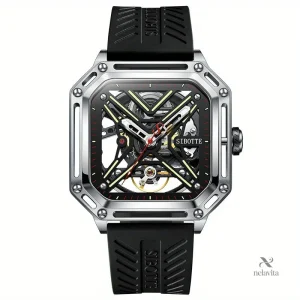 Montre homme squelette automatique – Design carré sport en acier inoxydable et bracelet silicone bleu