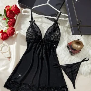 Nuisette Femme Dentelle Sexy – Sous-vêtements et Pyjamas Élégants avec String Assorti