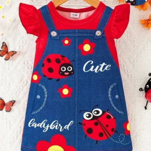 obe Bébé Fille en Jean Imprimé Coccinelle – Tenue Mignonne et Colorée