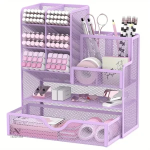 Organisateur de bureau en métal doré à plusieurs compartiments – Rangement élégant pour stylos, fournitures et accessoires