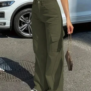 Pantalon Cargo Femme Taille Haute – Tissu Coton Décontracté, Large et Confortable