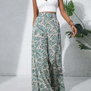 Pantalon fluide imprimé feuilles tropicales – Taille haute et coupe large ultra confortable