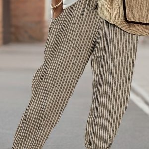 Pantalon large femme rayé taille haute léger
