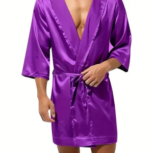 Peignoir sexy homme en satin – Kimono court brillant avec ceinture, Élégance & séduction