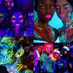 Maquillage néon réactif à la lumière noire, effet lumineux