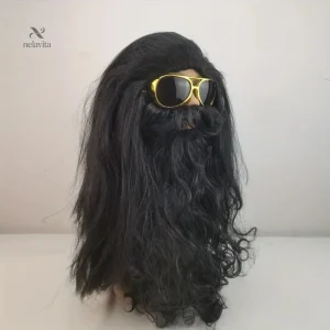 Perruque rocker noire avec barbe pour un look audacieux
