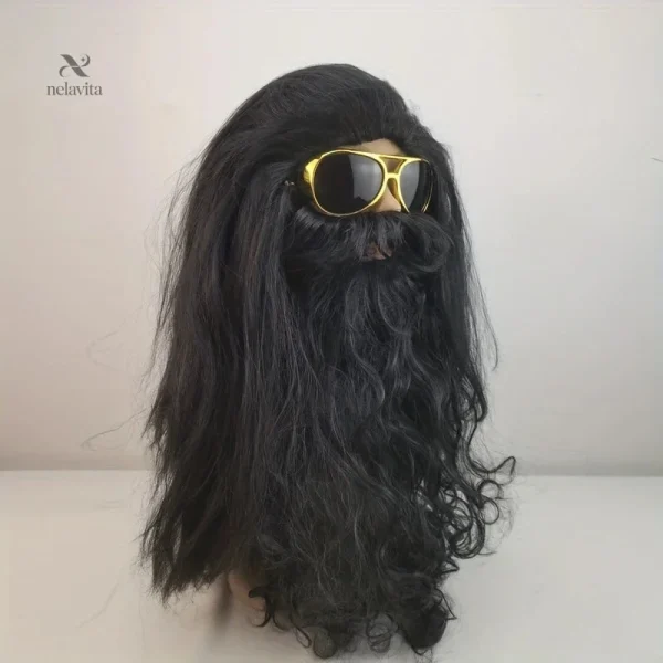 Perruque rocker noire avec barbe pour un look audacieux