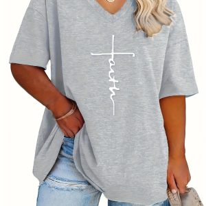 T-shirt Casual Femme Grande Taille Col V, Imprimé "faith"