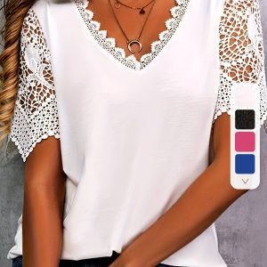 T-shirt Élégant Plus Size Col V en Dentelle Contrastée, Femme