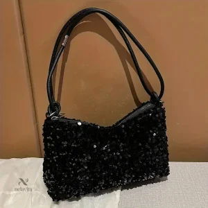 Pochette de soirée femme à sequins – Sac chic noir et argenté avec bandoulière