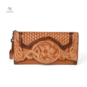 Portefeuille femme en cuir gravé – Design floral élégant et chic intemporel