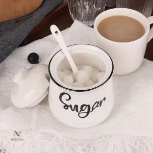Pot à Sucre en Céramique avec Couvercle et Cuillère – Design Vintage pour Cuisine ou Petit-Déjeuner Chic