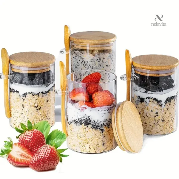 pots-en-verre-avec-couvercle-bambou-et-cuillere-lot-ideal-vccxnk-1 Pots en verre avec couvercle bambou pour conservation écologique