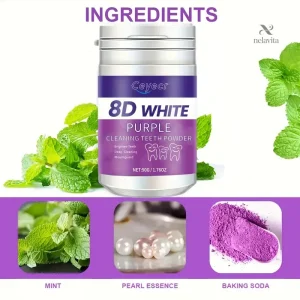Poudre nettoyante violette pour dents blanches et haleine fraîche