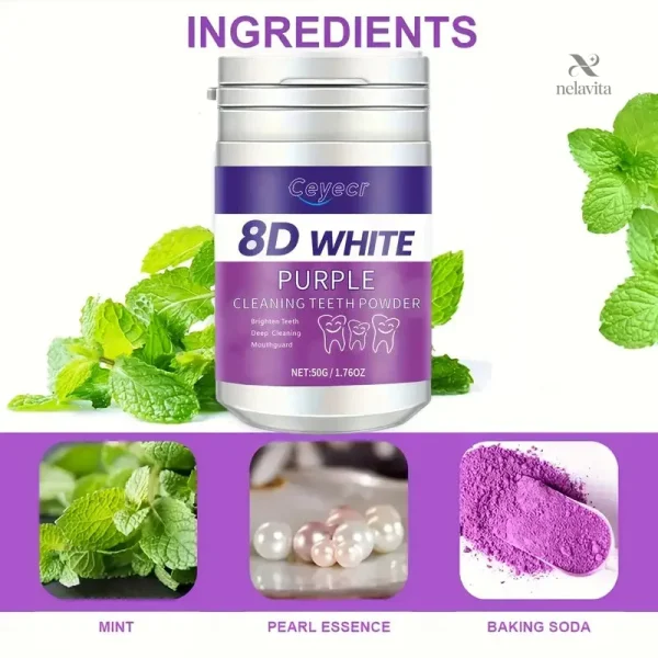 Poudre nettoyante violette pour dents blanches et haleine fraîche