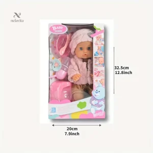 Bébé poupée avec yeux bleus, tenue d'hiver rose