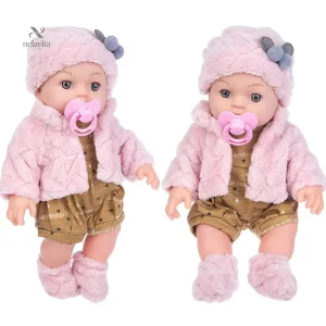 Poupée bébé réaliste 30 cm avec tétine, tenue d’hiver rose