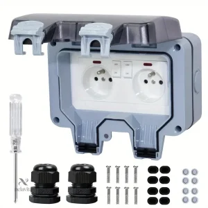 Prise double extérieure étanche IP66 avec interrupteur – Coffret mural 2 prises + kit d’installation pour jardin et terrasse