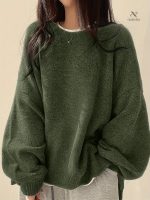 Pull col rond uni pour femmes, manches longues et fente latérale