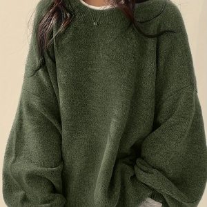 Pull col rond uni pour femmes, manches longues et fente latérale