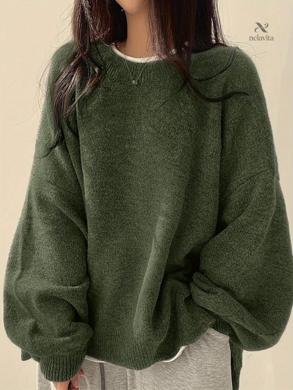 Pull col rond uni pour femmes, manches longues et fente latérale