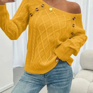 Pull Femme Hiver Maille Torsadée avec Boutons Décoratifs – Col Rond et Coupe Confortable