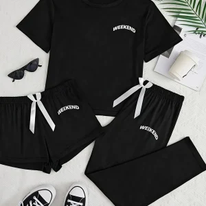 Pyjama Femme 3 Pièces Noir – T-Shirt, Short & Pantalon Long, Ensemble Polyvalent et Confortable pour la Nuit