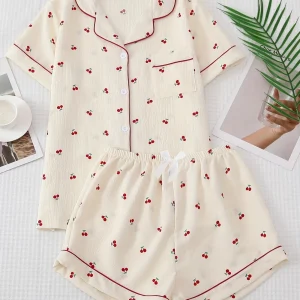 Pyjama Femme Été à Motif Cerises – Ensemble Haut Chemise & Short Léger