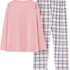 Pyjama Femme Long Confort Oversize – Haut Manches Longues & Pantalon à Carreaux, Ensemble Doux et Décontracté