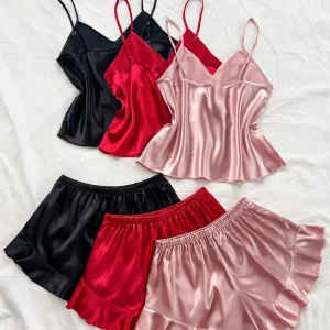 Pyjama Femme Satin 2 Pièces – Sous-vêtements et Pyjamas Élégants Débardeur & Short avec Volants