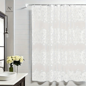 Accessoire de salle de bain : rideau de douche blanc avec crochets