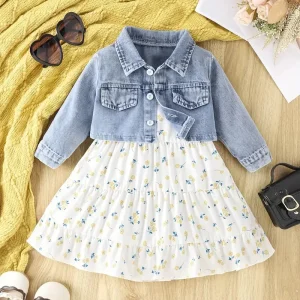 Robe Bébé Fille à Fleurs avec Haut en Jean – Tenue Printemps Été Élégante