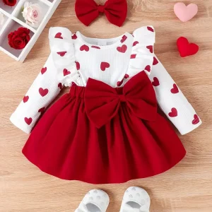 Robe Bébé Fille Blanche à Cœurs Rouges avec Grand Nœud – Tenue Mignonne et Élégante