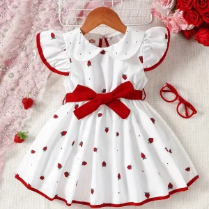 Robe Bébé Fille Bleu Marine à Motifs Fraises avec Nœud Rouge – Tenue Mignonne Été
