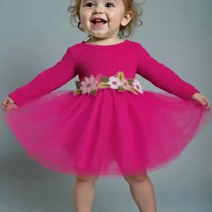 Robe Bébé Fille en Tulle Rose Fuchsia avec Fleurs – Tenue Chic pour Anniversaire et Cérémonie