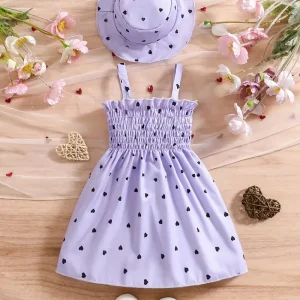 Robe Bébé Fille Été avec Chapeau Assorti – Tenue Légère à Motifs Cœurs