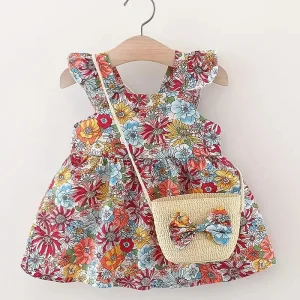 Robe Bébé Fille Fleurie avec Sac Assorti – Tenue Été Chic et Adorable