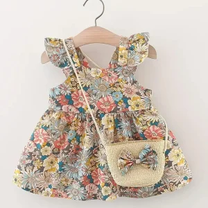 Robe bébé fille fleurie – Cadeau naissance été sans manches avec bretelles croisées