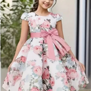 Robe fille élégante à fleurs multicolores – Robe de cérémonie avec grand nœud violet