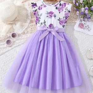 Robe fille élégante à fleurs violettes – Haut blanc volanté et jupe tulle verte avec nœud